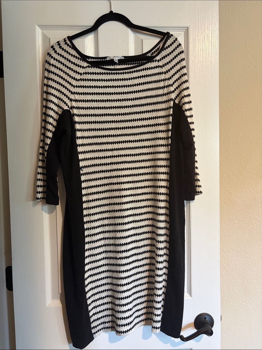 Black and White Striped Long Sleeve Dress with Black Side Panels